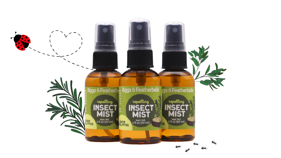 Three bottles of Insect Mist with leaf and ladybug graphics on a white background