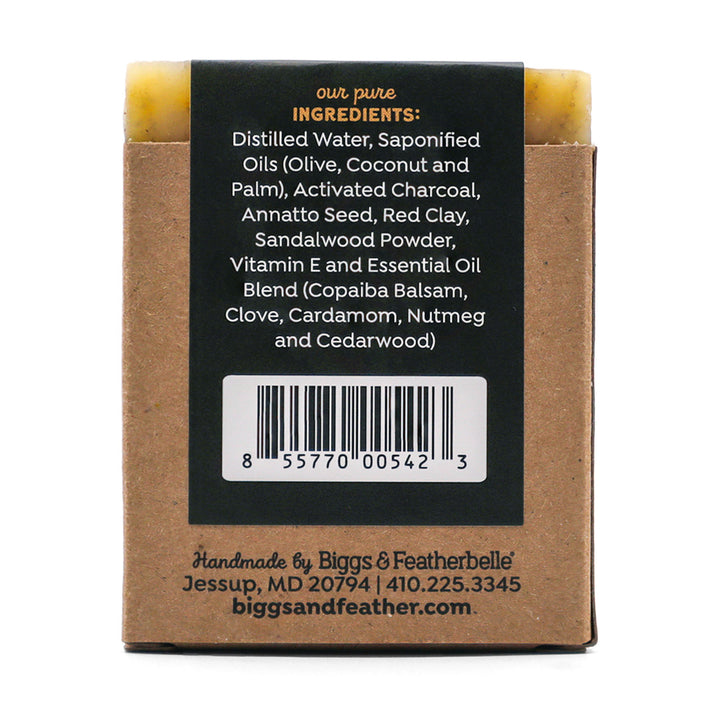 Back of a packaged of Biggs & Featherbelle® Chai Bar soap on a white background