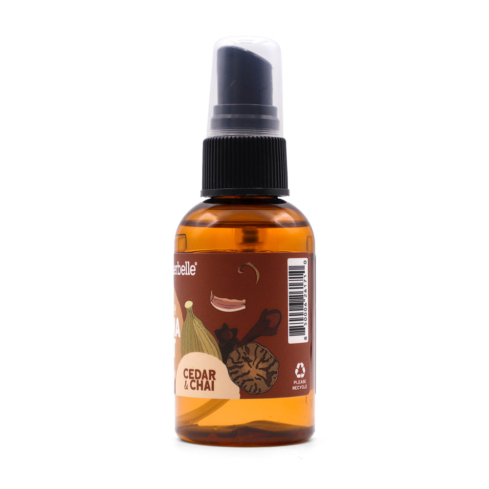 Bottle side of Biggs & Featherbelle Cedar & Chai Aroma Mist on a white background
