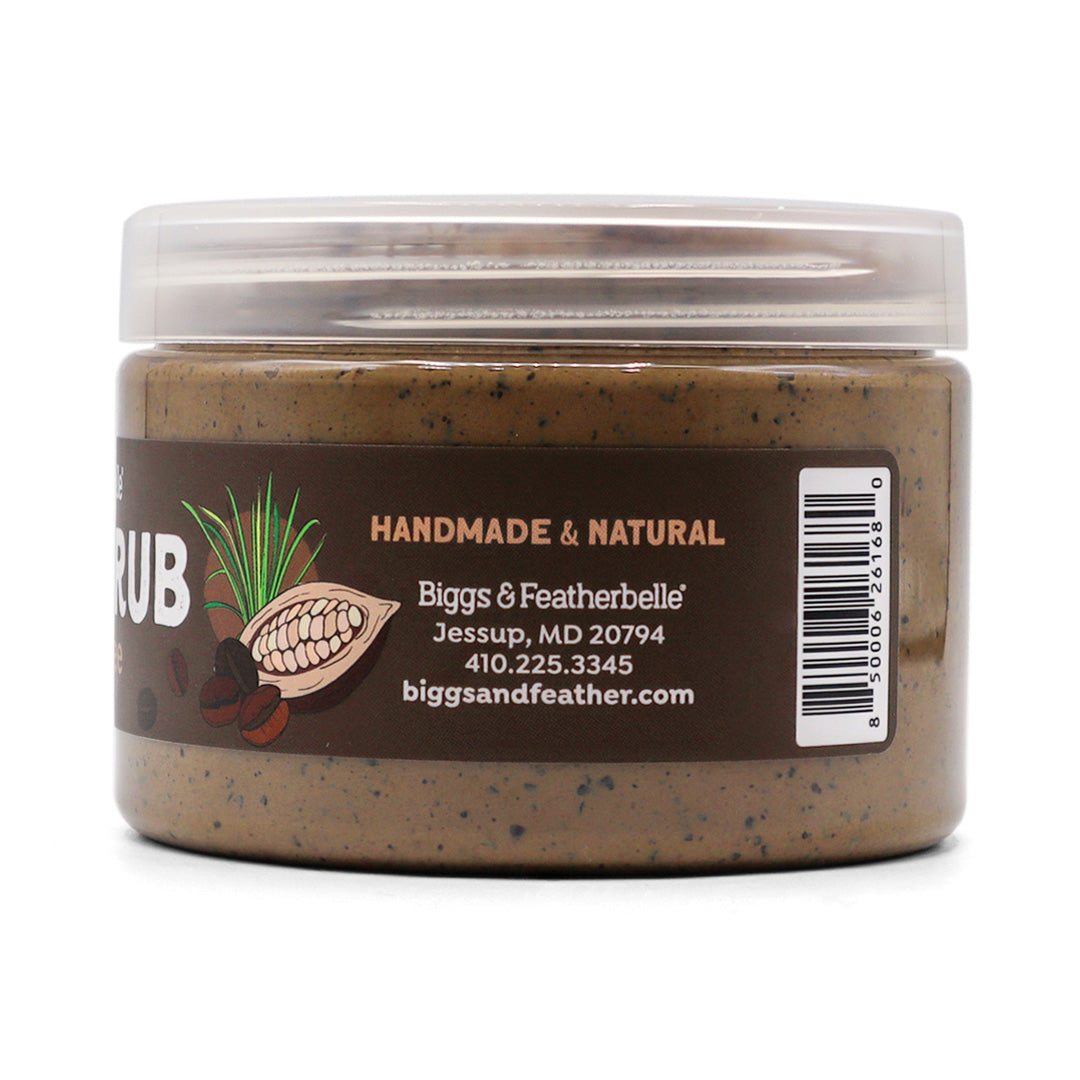 Side of a jar of Biggs & Featherbelle soap scrub with Cocoa & Coffee scent on a white background