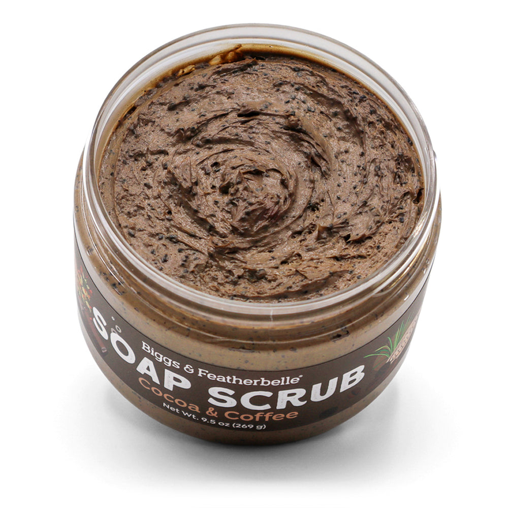 Open topdown jar of Biggs & Featherbelle soap scrub with Cocoa & Coffee scent on a white background
