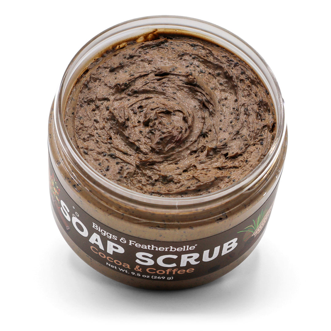 Open topdown jar of Biggs & Featherbelle soap scrub with Cocoa & Coffee scent on a white background