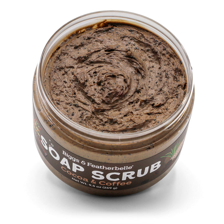 Open topdown jar of Biggs & Featherbelle soap scrub with Cocoa & Coffee scent on a white background