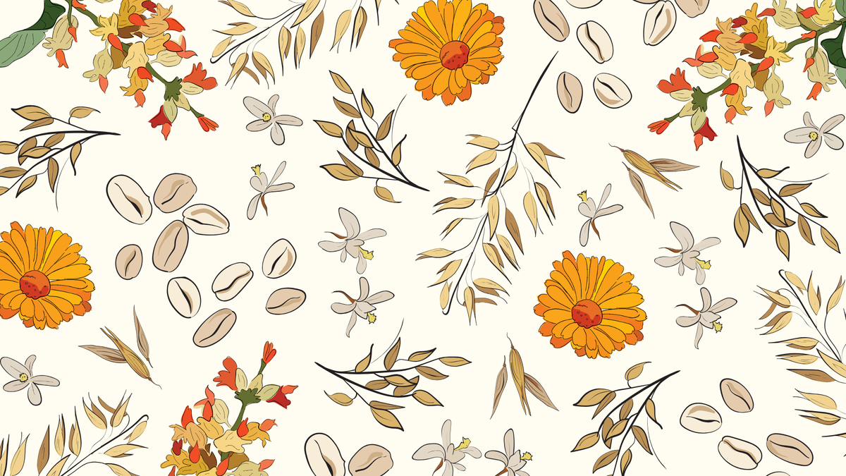 A repeating botanical pattern featuring orange and yellow flowers, beige leaves, and scattered oval shapes on a warm off-white background.