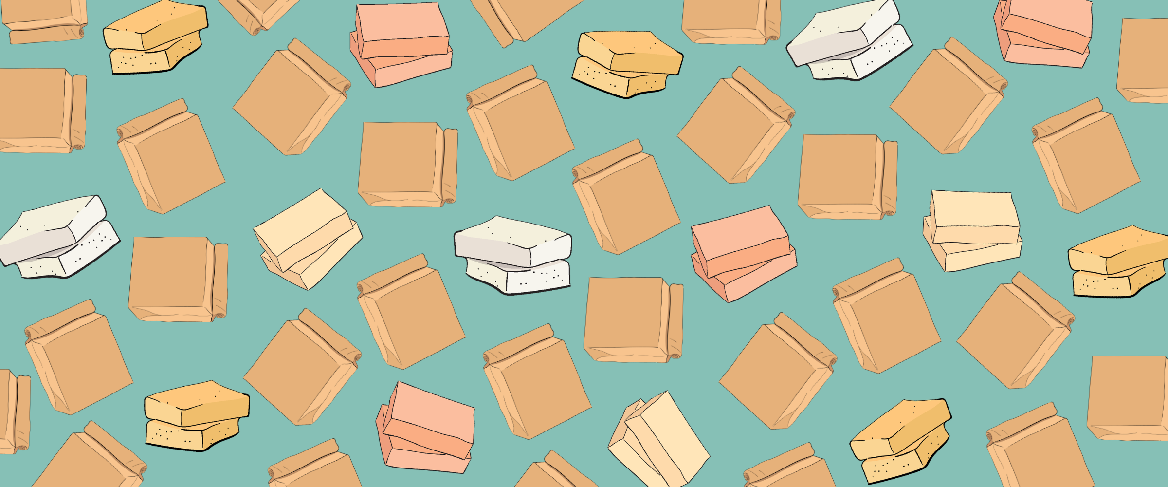 A repeating illustrated pattern of flat rectangular packages in tan, peach, cream, and white on a light aqua background.