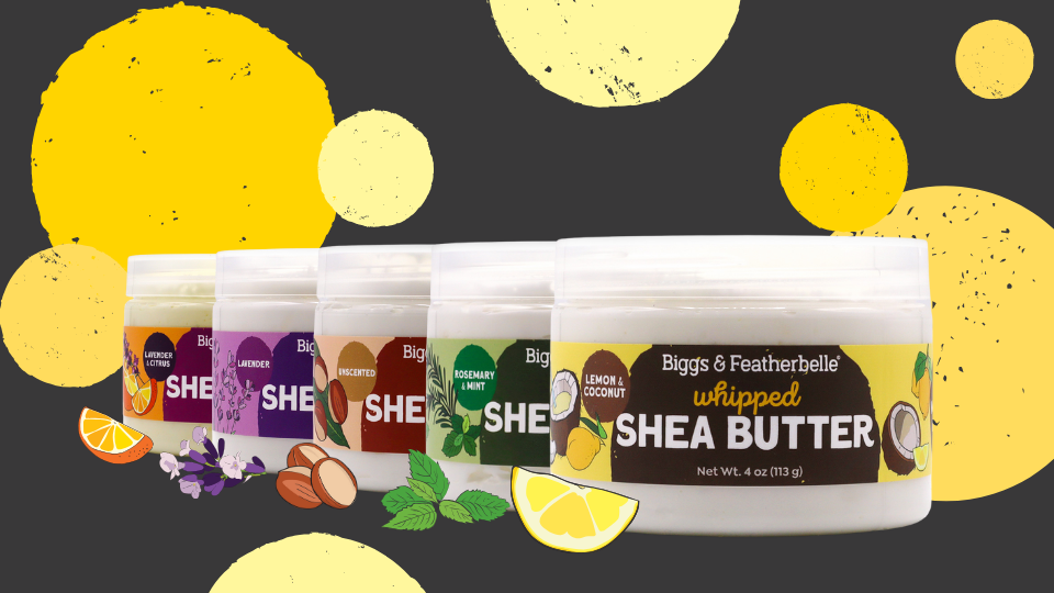 Row of Biggs & Featherbelle whipped shea butter containers with colorful labels on a dark background with yellow circles.