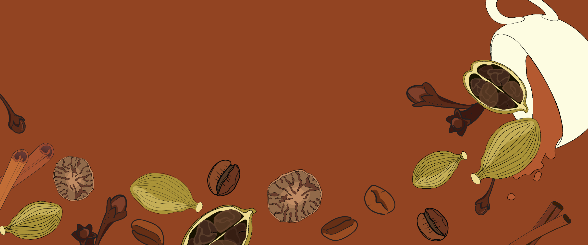 Illustration of coffee beans, a cup, and other coffee-related items on a brown background