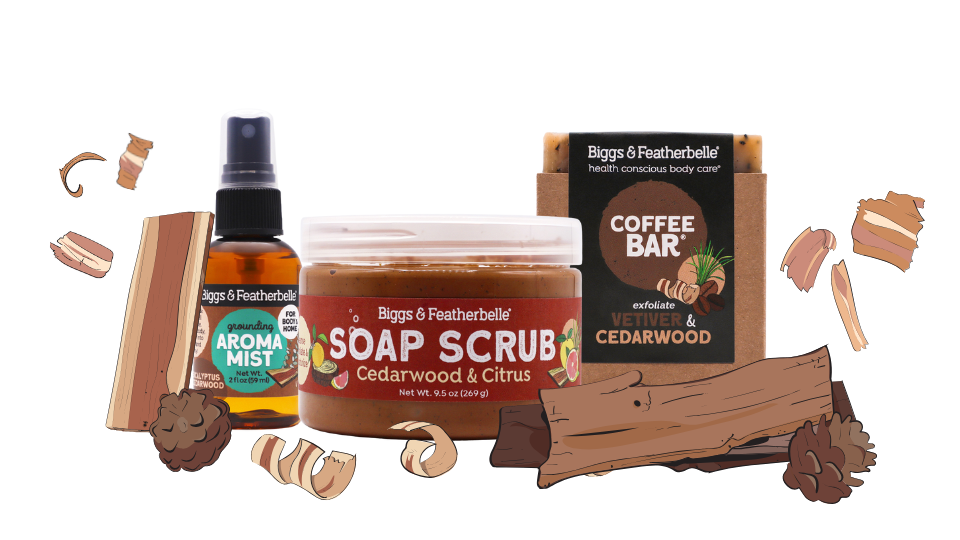 Graphic of Cedar Fever Bundle: 1 Aroma Mist, 1 Soap Scrub & 1 Bar Soap