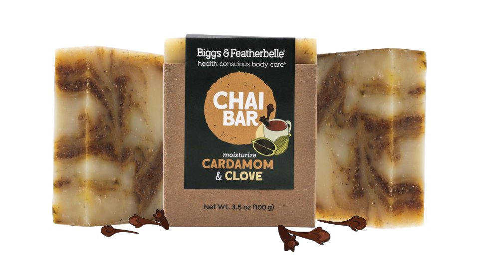 Chai bar soap with 'Biggs & Featherbelle' packaging on a white background
