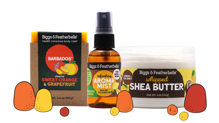 A sunny holiday trio featuring Barbados Bar®, Lemon & Coconut Whipped Shea, and Rosemary & Lemon Aroma Mist. 