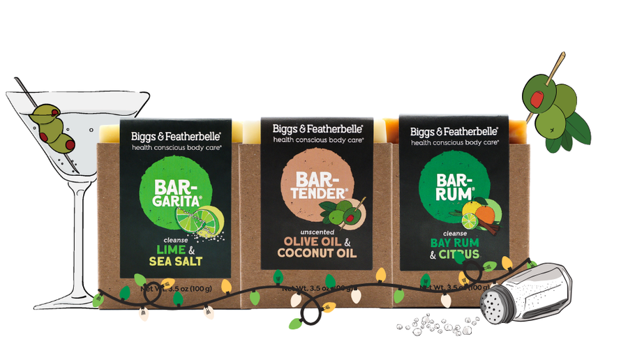 Three Biggs & Featherbelle® bar soaps in a cocktail party setting.