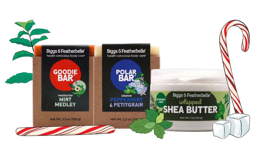 Two bars of B&F soap with a jar of whipped shea butter presented in a festive fashion.