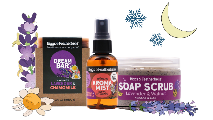 Biggs & Featherbelle product set including Dream Bar, Aroma Mist, and Soap Scrub with decorative elements on a white background.