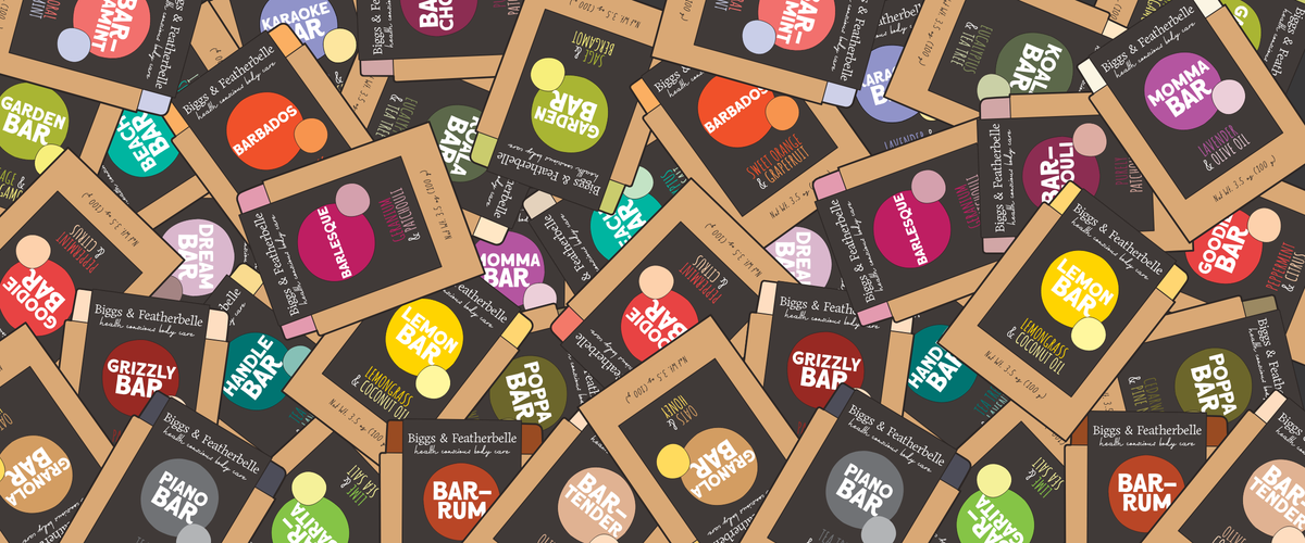 A repeating pattern of B&F Bar Soaps arranged in a dense collage. 