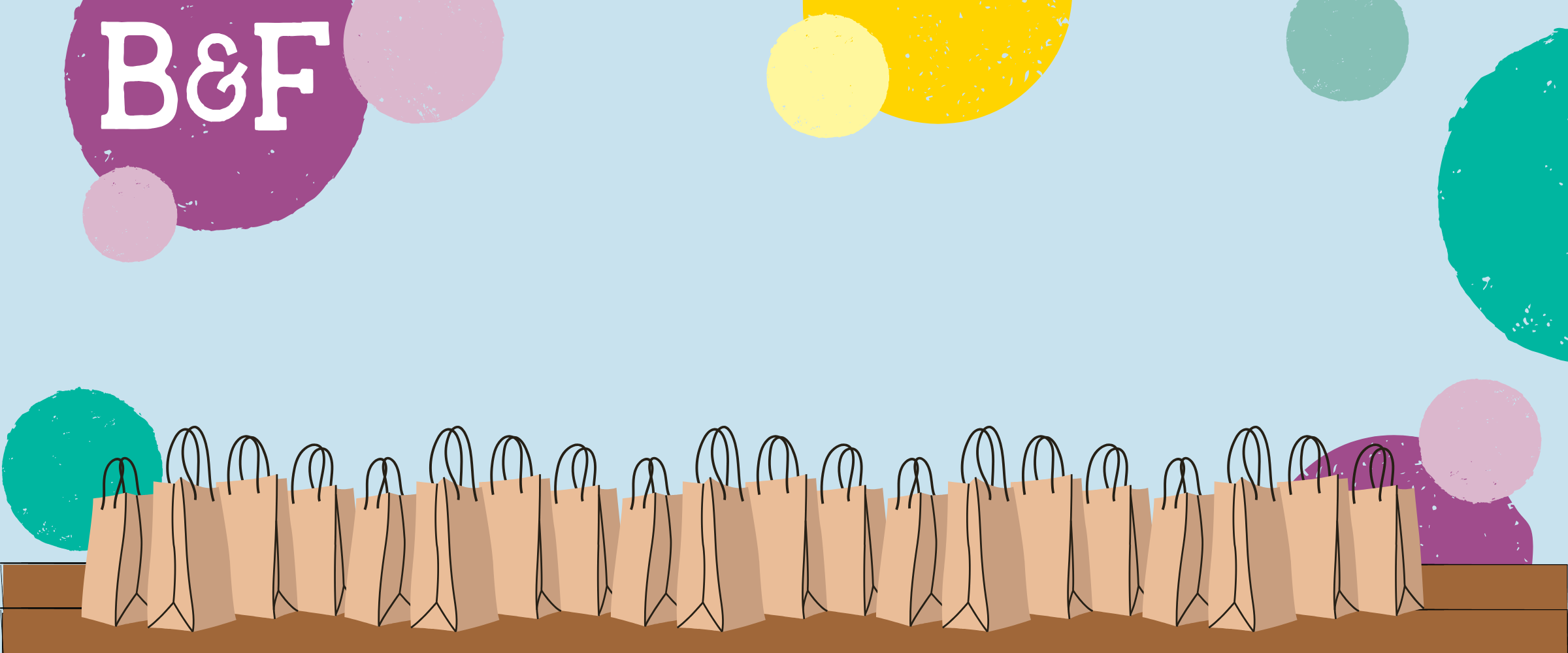 Cartoon-style illustration of brown paper bags with colorful circles and 'B&F' logo in the background.