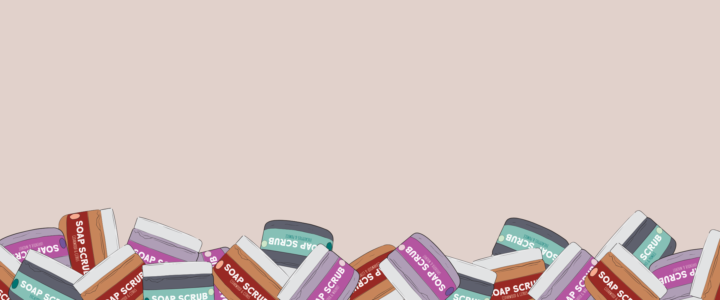 Colorful soap bars arranged in a decorative pattern on a beige background