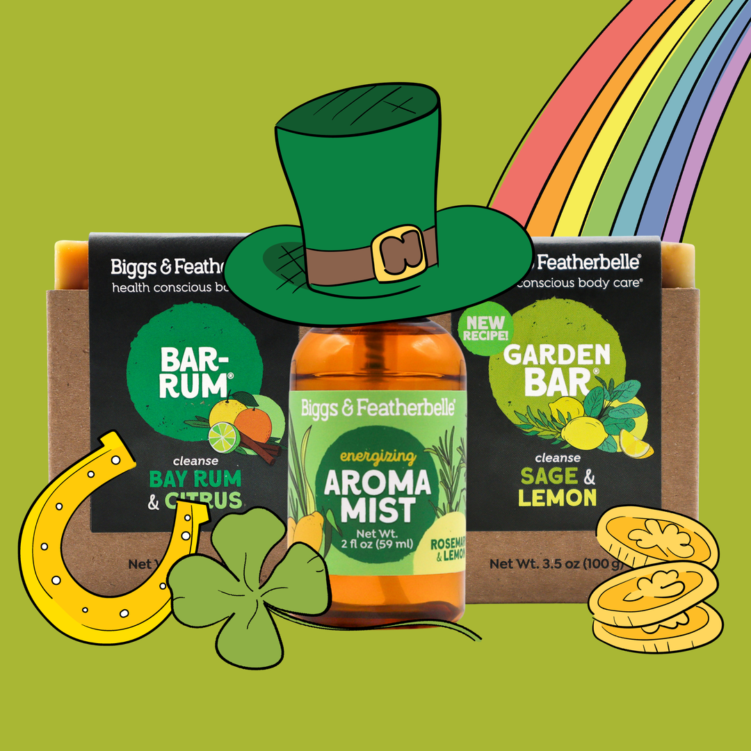 Three products with St. Patrick's Day-themed elements including a green hat, rainbow, gold coins, and a four-leaf clover on a green background.