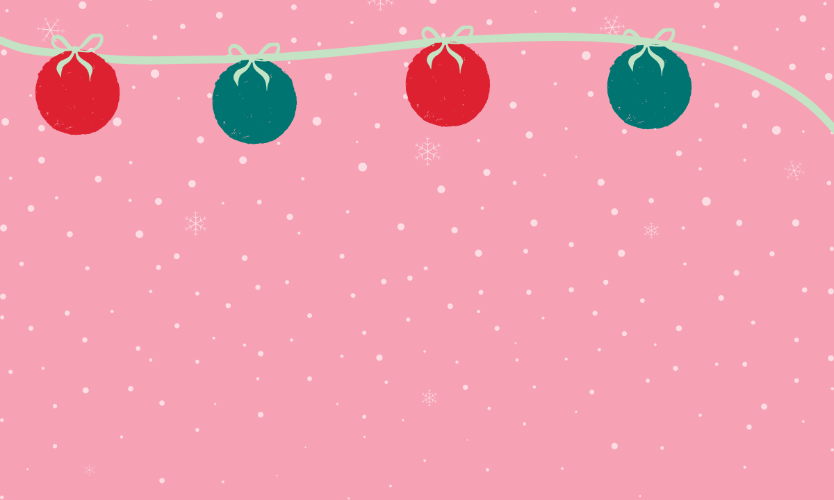 Decorative string with red and green ornaments on a pink background with snowflakes