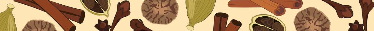 A repeating pattern of illustrated spices and herbs on a warm cream background, including cinnamon sticks, star anise, cloves, and dried citrus slices.