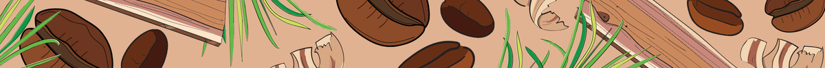 A close-up illustrated section of a brown leather or suede-like material with scattered brown oval pieces, green grass-like strands, and a light beige background.