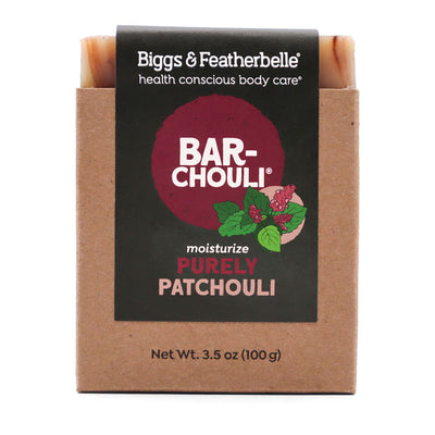 Front of BAR-CHOULI® soap by Biggs & Featherbelle®