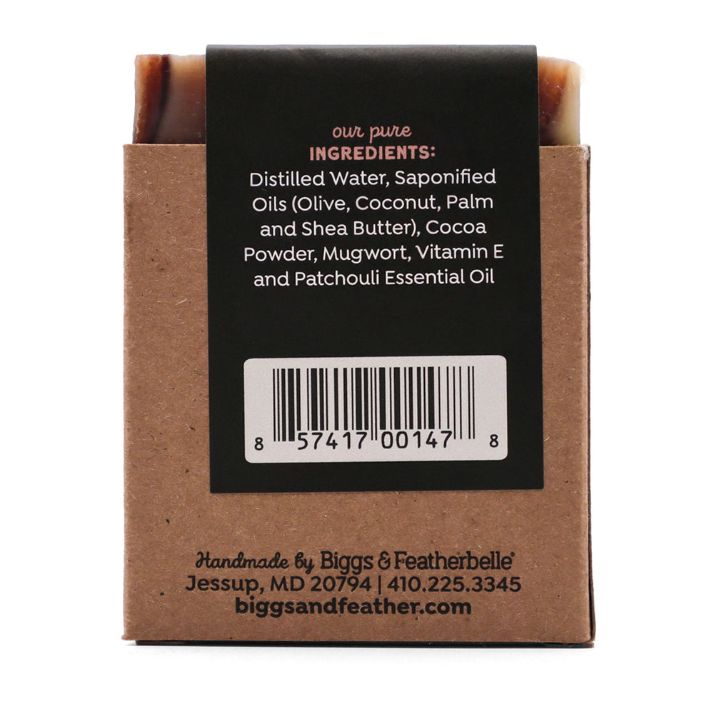 Back of BAR-CHOULI® soap by Biggs & Featherbelle®