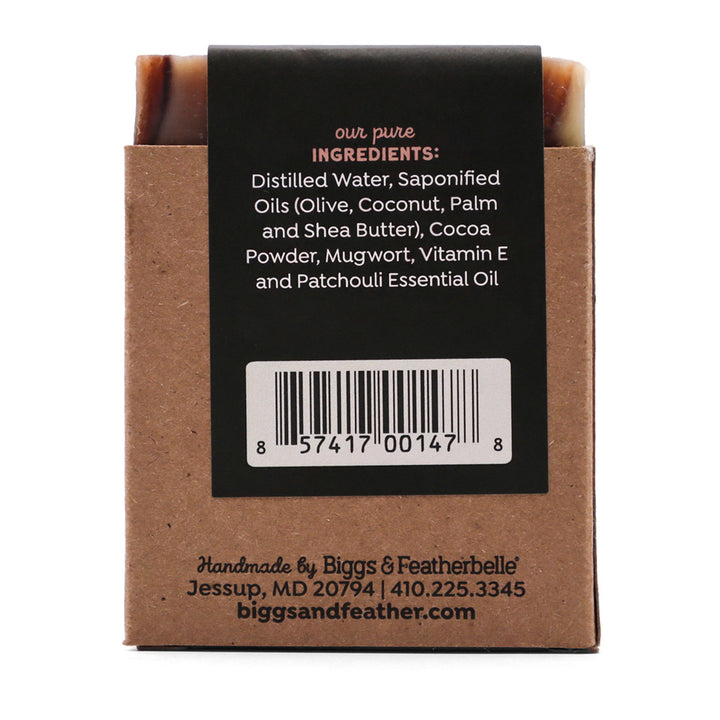 Back of BAR-CHOULI® soap by Biggs & Featherbelle®