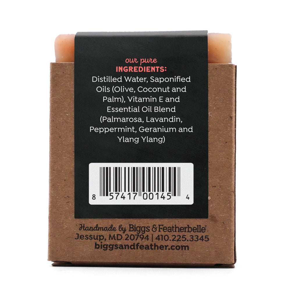 Back of BAR-LAMINT® soap by Biggs & Featherbelle® 