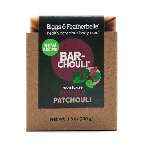 Front of  BAR-CHOULI® soap by Biggs & Featherbelle® 