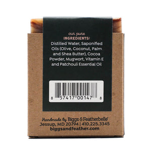 Back of BAR-CHOULI® soap by Biggs & Featherbelle® 