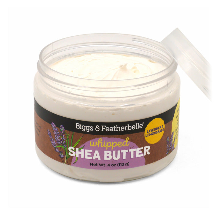 Opened Lavender & Lemongrass Whipped Shea Butter from Biggs & Featherbelle®