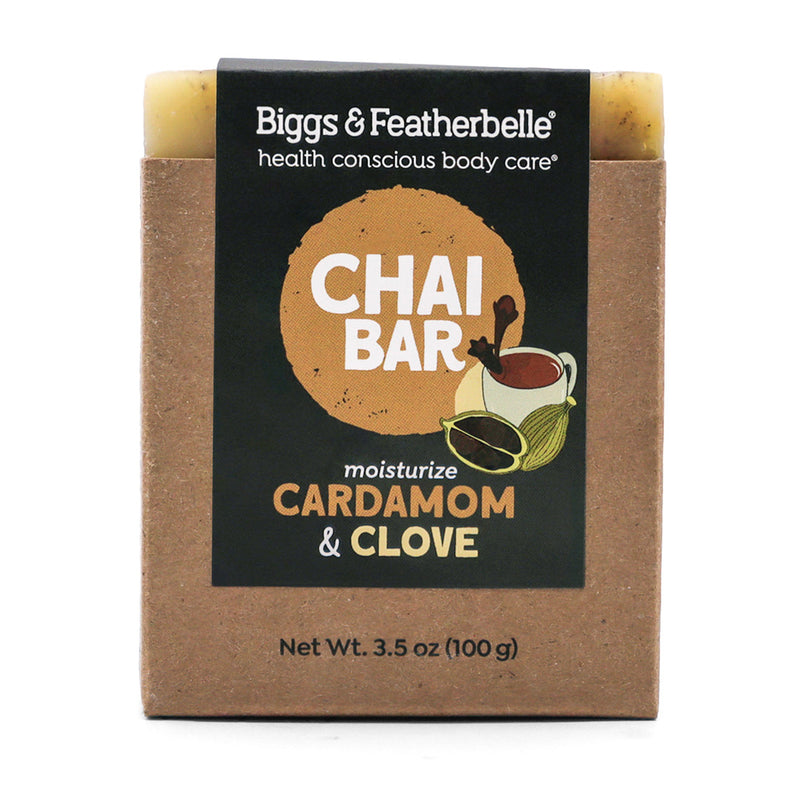 Front of a packaged of Biggs & Featherbelle® Chai Bar soap on a white background