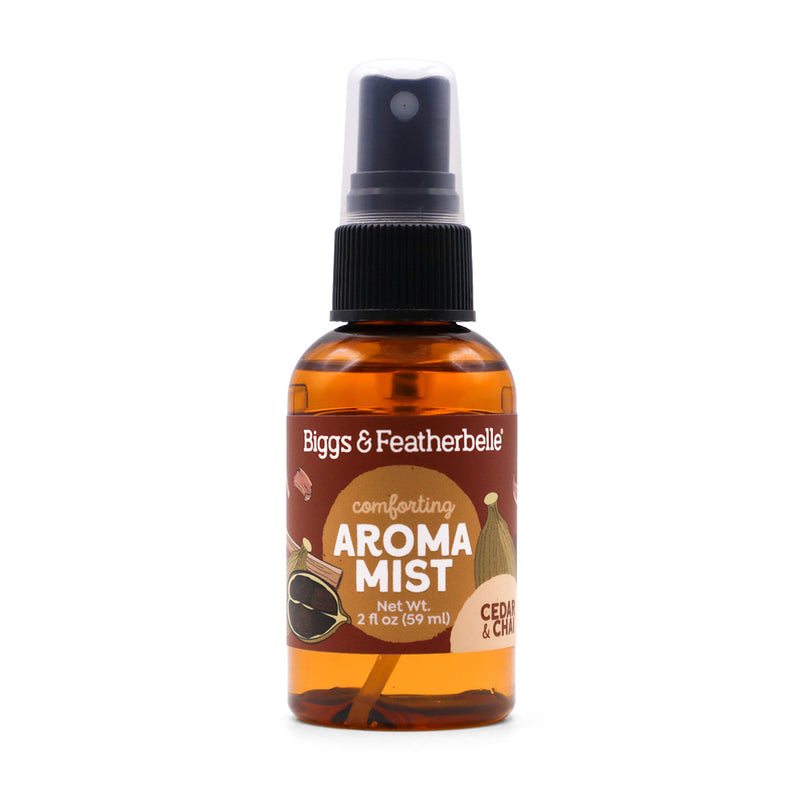 Bottle of Biggs & Featherbelle Cedar & Chai Aroma Mist on a white background