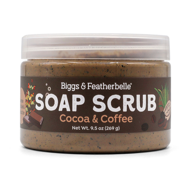 Jar of Biggs & Featherbelle soap scrub with Cocoa & Coffee scent on a white background