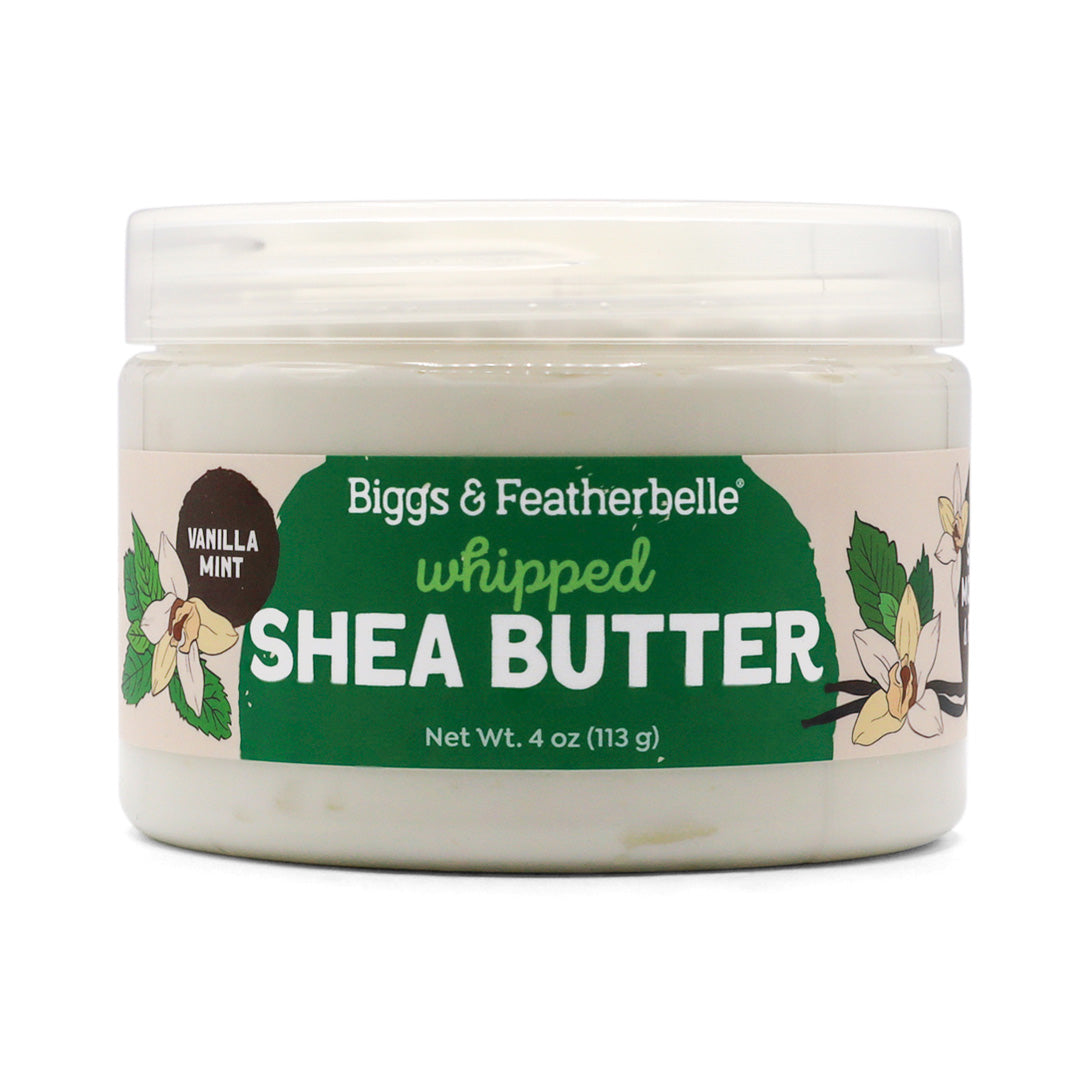 Jar of Biggs & Featherbelle Vanilla Mint whipped shea butter on a white background