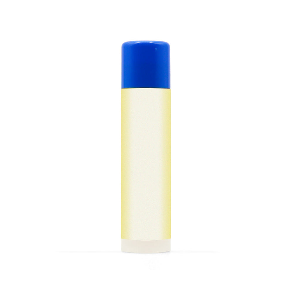 Lip balm with blue cap on a white background