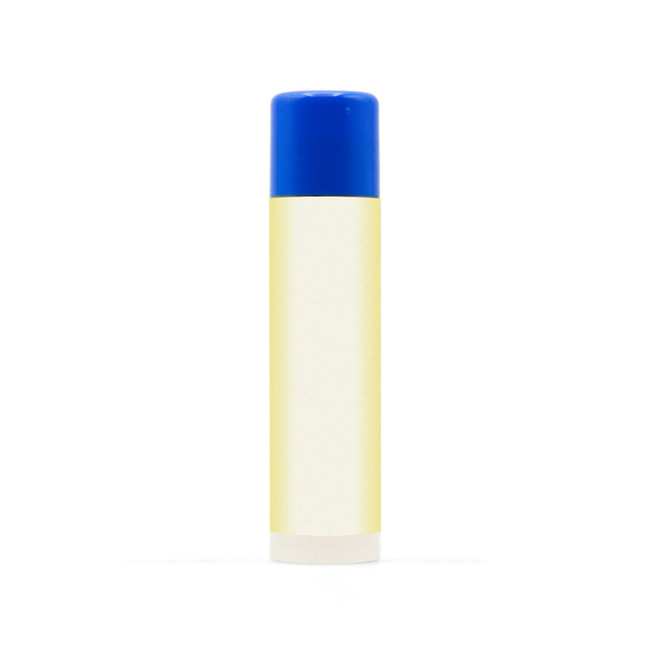 Lip balm with blue cap on a white background