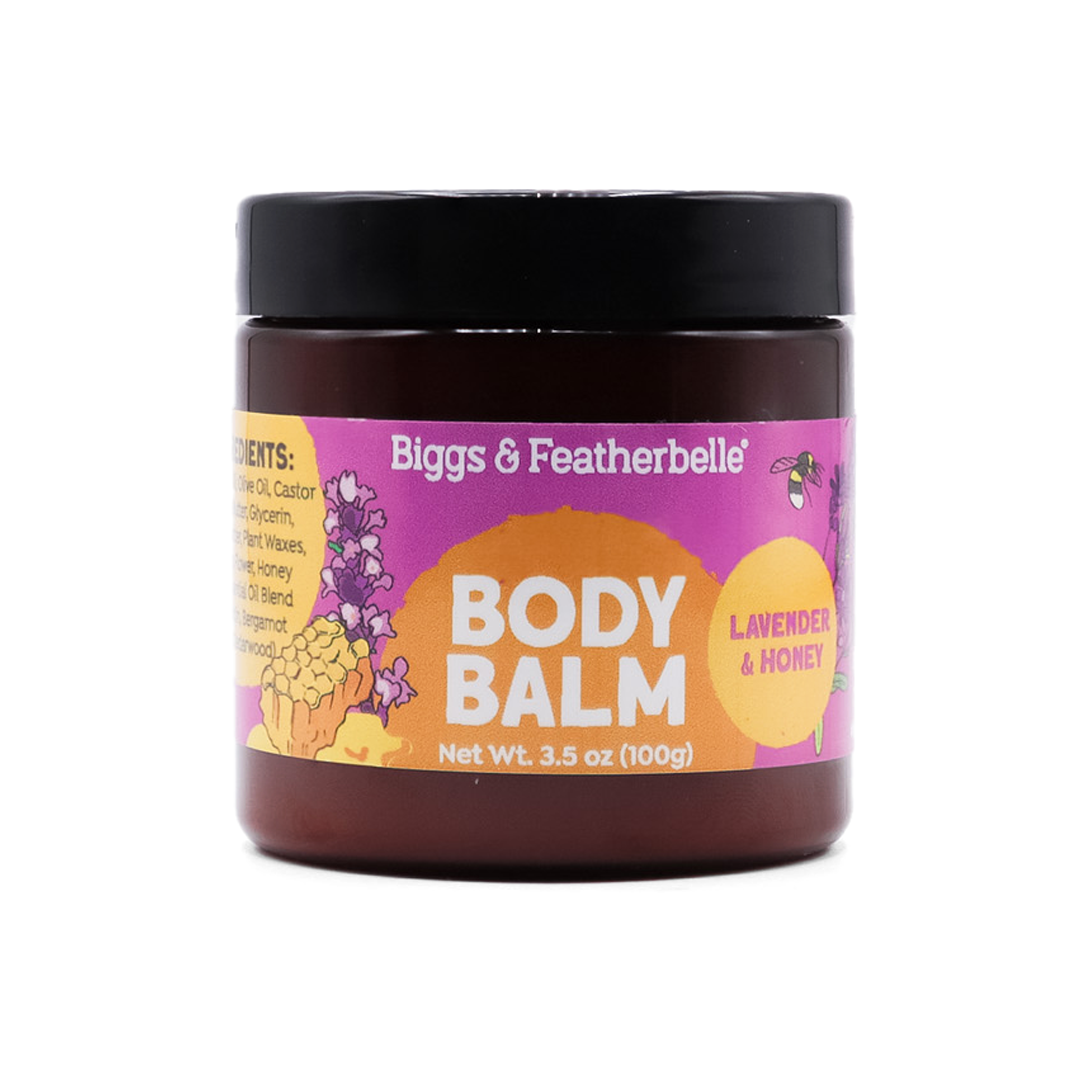 Jar of Biggs & Featherbelle body balm with a purple label on a white background
