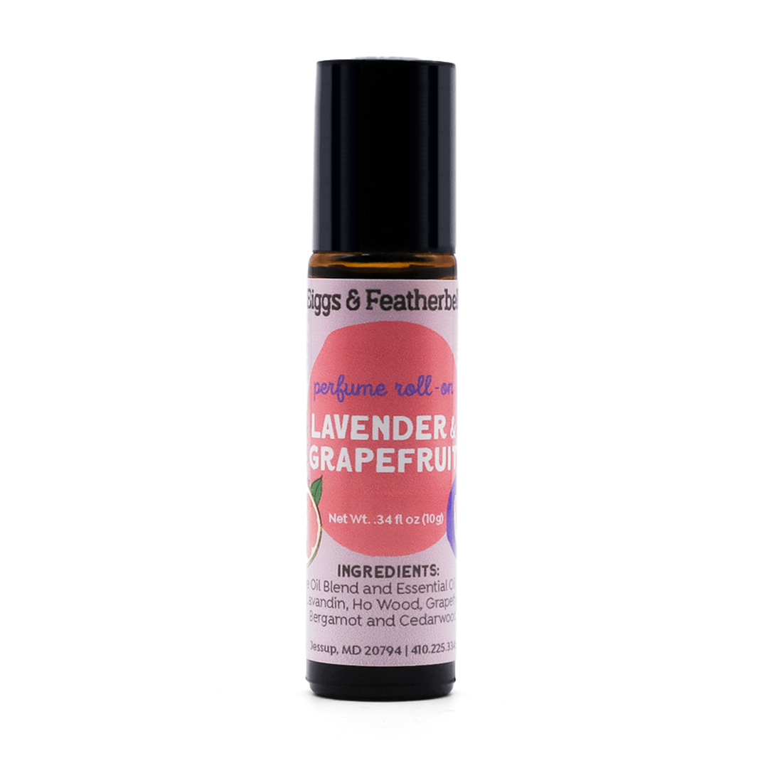 Roll-on bottle of lavender and grapefruit perfume by Biggs & Featherbed on a white background