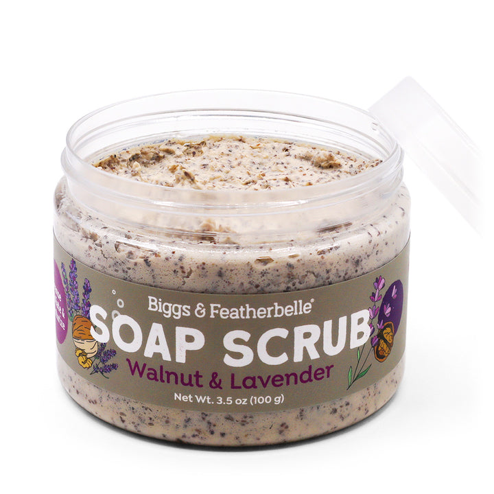 Open jar of Walnut & Lavender Soap Scrub by Biggs & Featherbelle®