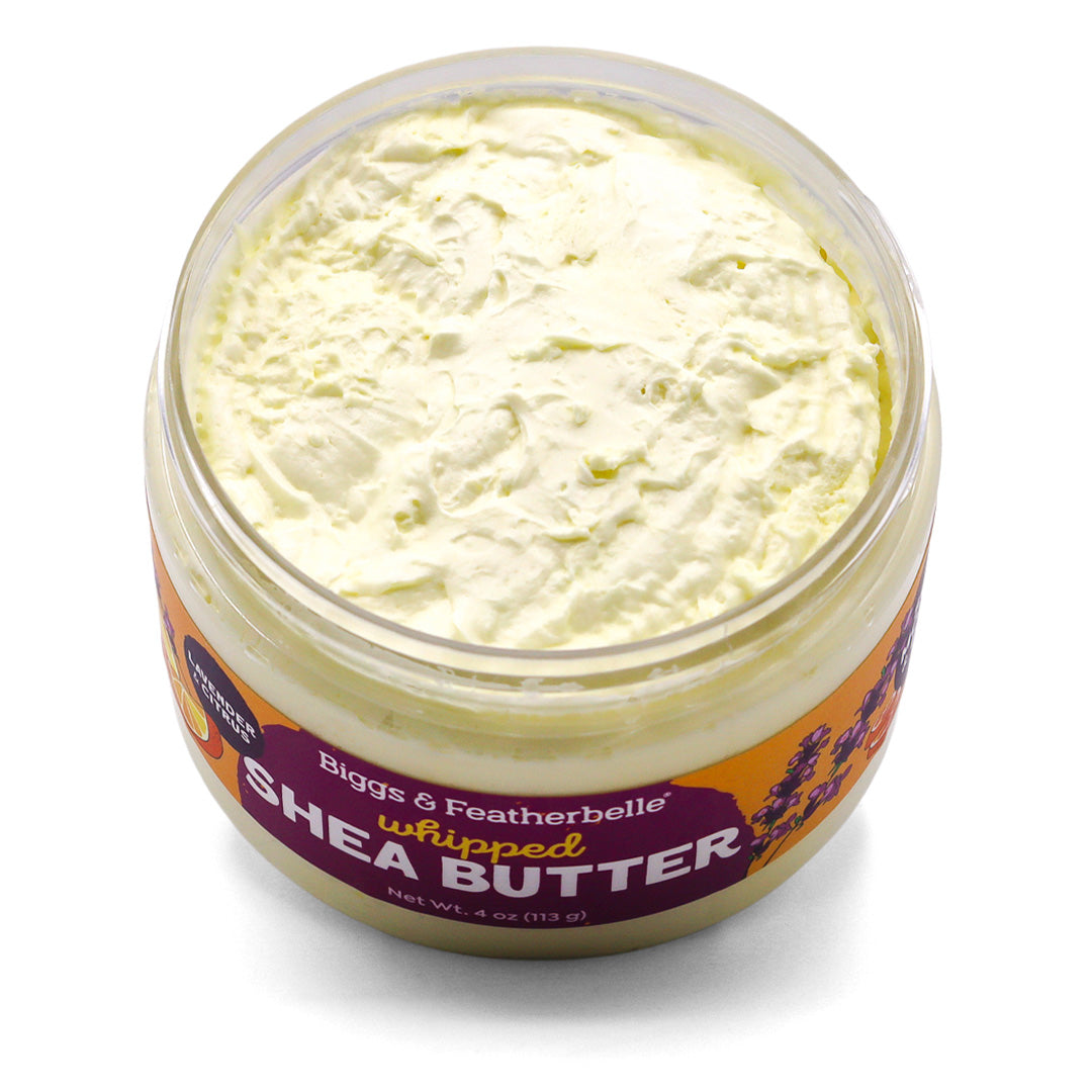 Open jar of Lavender & Citrus Whipped Shea Butter by Biggs & Featherbelle®