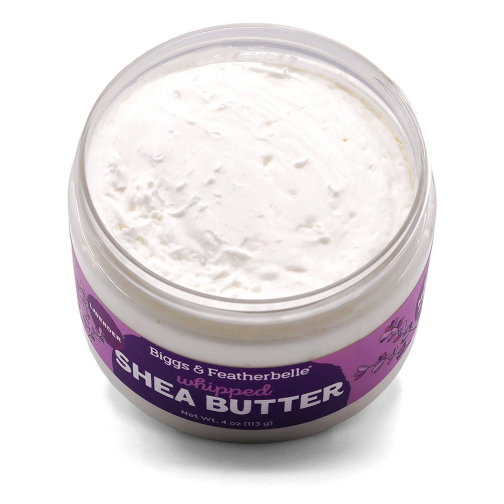 Open jar of Lavender Whipped Shea Butter by Biggs & Featherbelle®