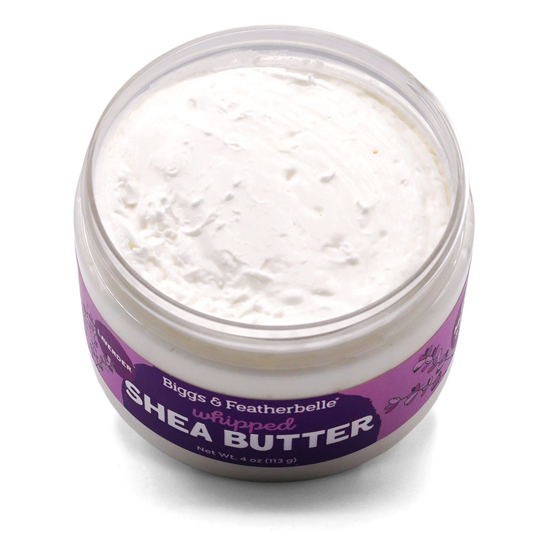 Open jar of Lavender Whipped Shea Butter by Biggs & Featherbelle®