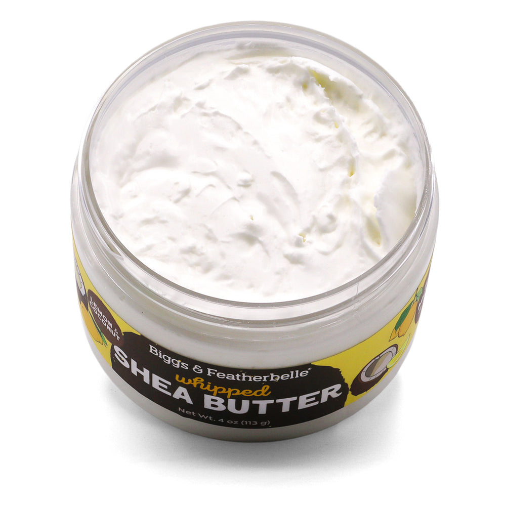 Open jar of Lemon & Coconut Whipped Shea Butter by Biggs & Featherbelle®