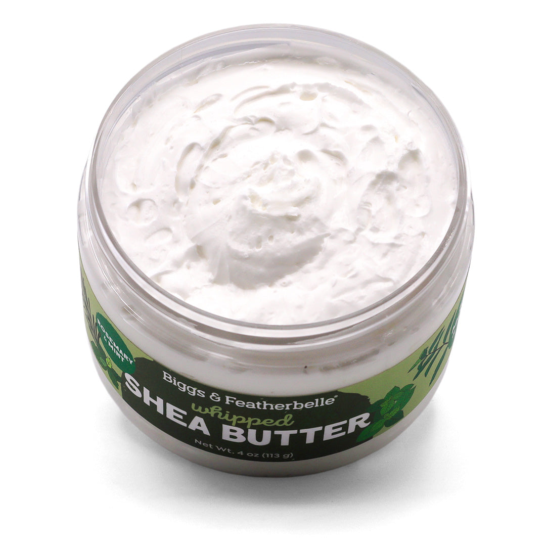 Open jar of Rosemary & Mint Whipped Shea Butter by Biggs & Featherbelle®