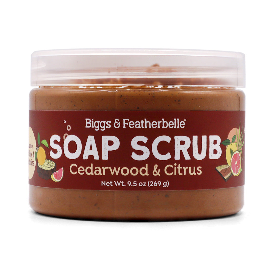 Jar of Biggs & Featherbelle Soap Scrub with Cedarwood & Citrus scent on a white background