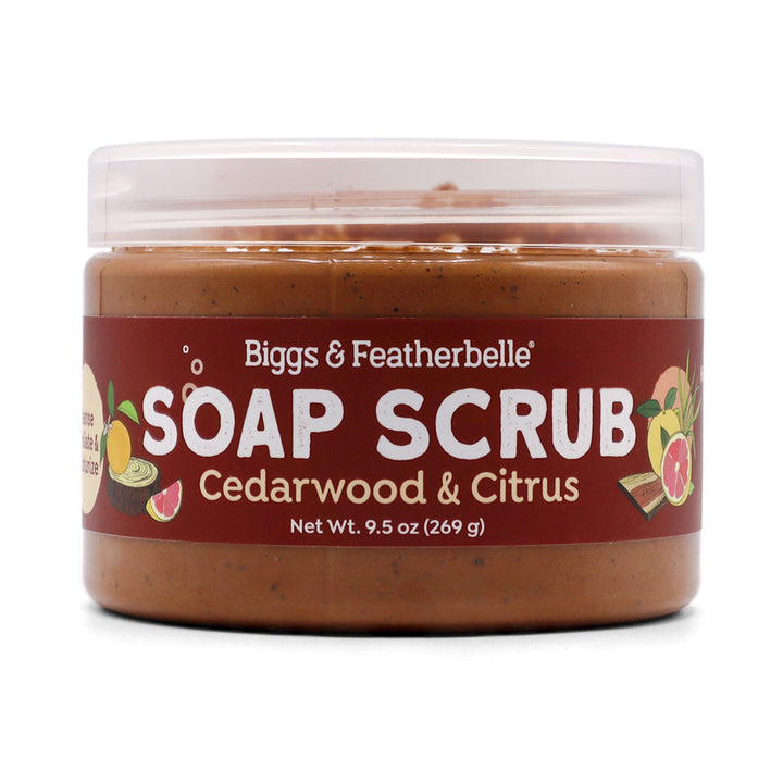 Jar of Biggs & Featherbelle Soap Scrub with Cedarwood & Citrus scent on a white background