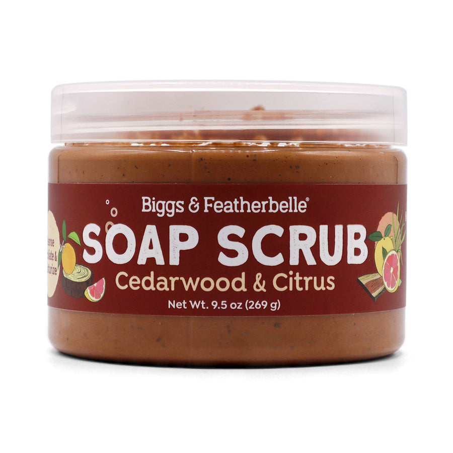 Jar of Biggs & Featherbelle Soap Scrub with Cedarwood & Citrus scent on a white background