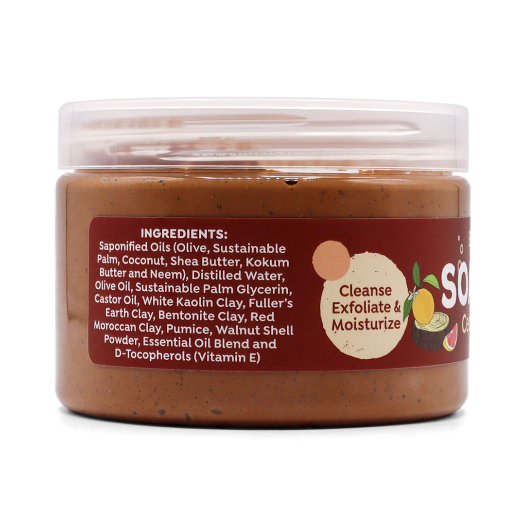 Jar side of Cedarwood & Citrus Soap Scrub on a white background