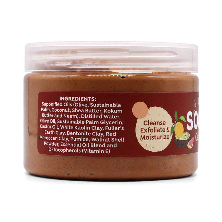Jar side of Cedarwood & Citrus Soap Scrub on a white background